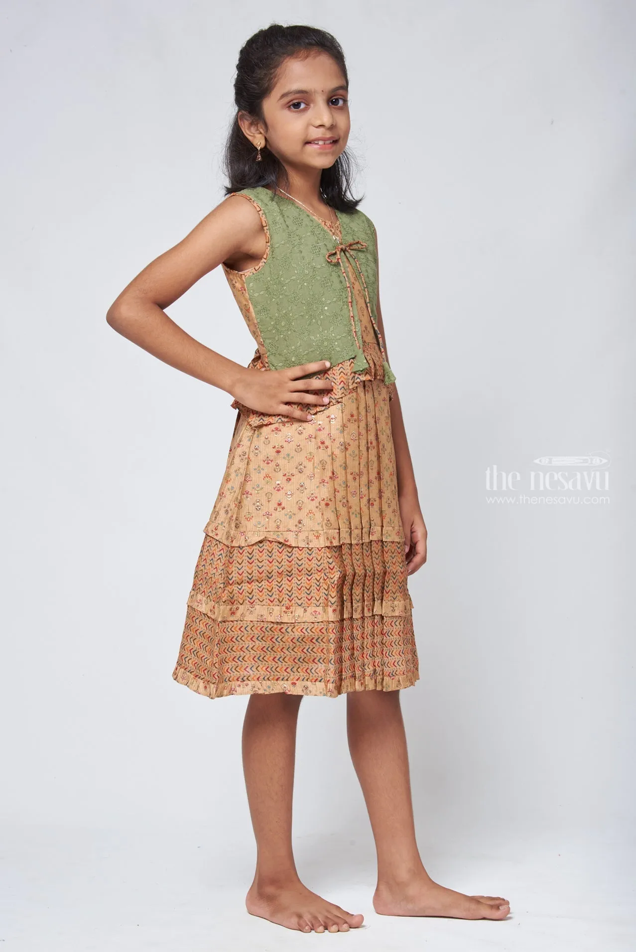 Beige Geometrical Pleated Cotton Frock with Green Overcoat - Designer Girls Attire