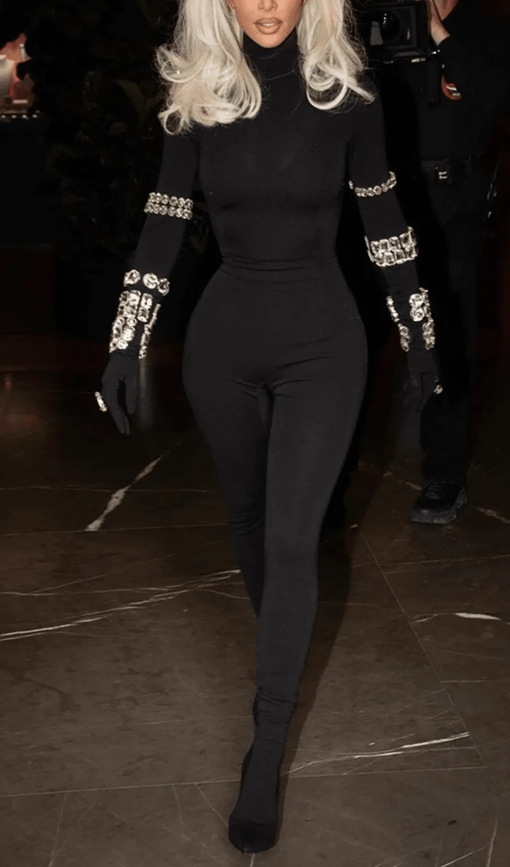 BLACK CRYSTAL EMBELLISHED TURTLENECK JUMPSUIT