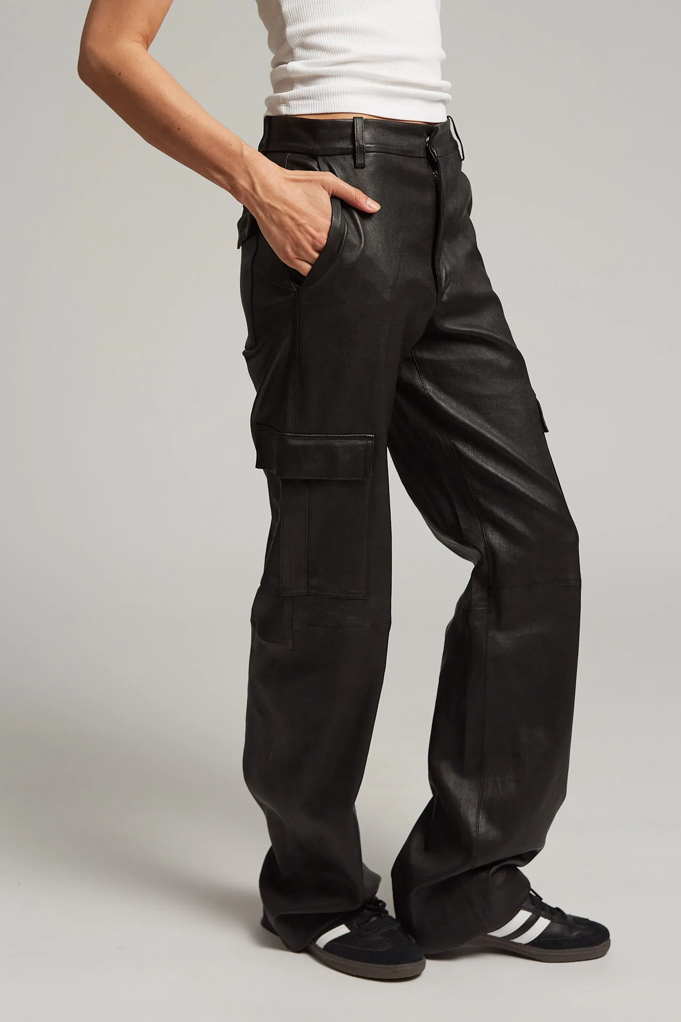 Black Leather Cargo Trousers