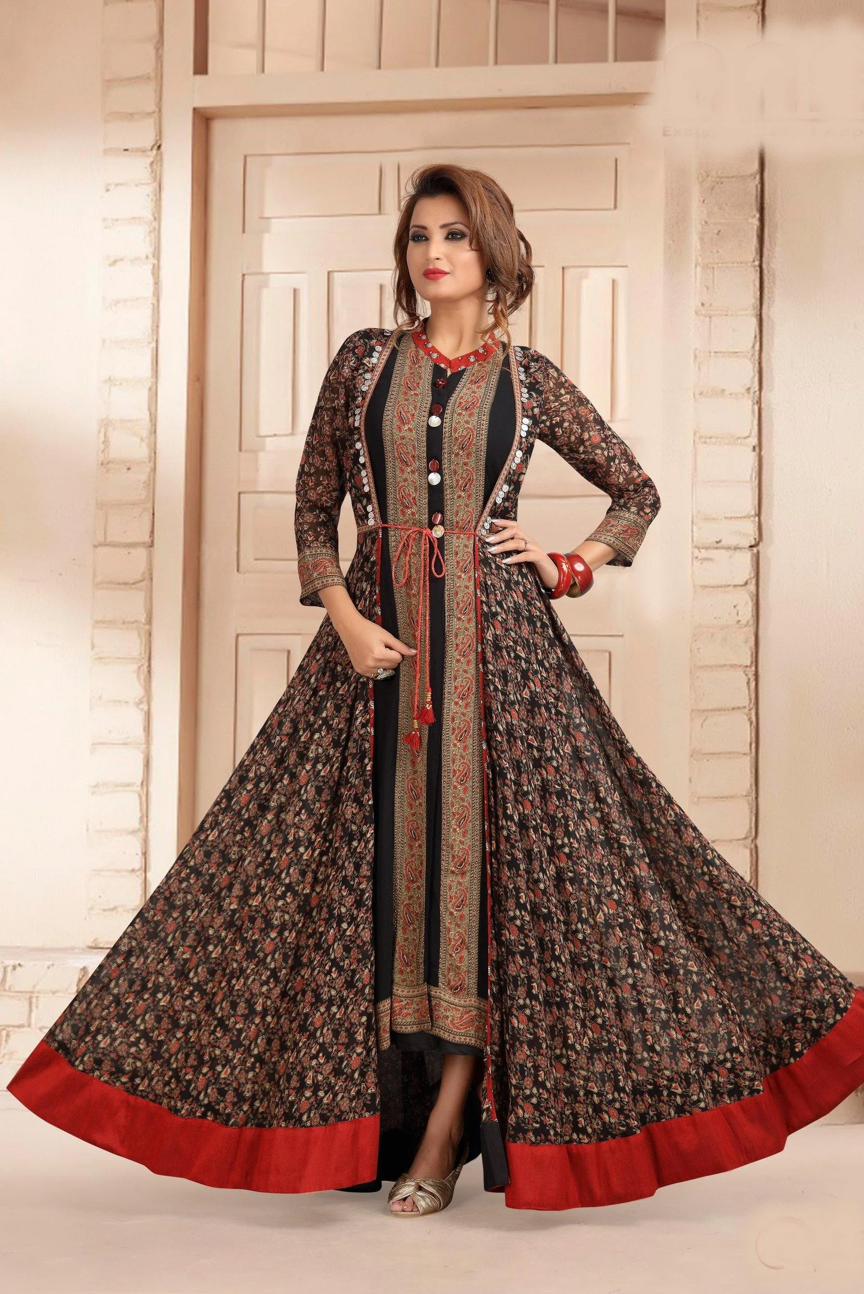 Black with Floral Print Overcoat Anarkali Styled Long Kurti