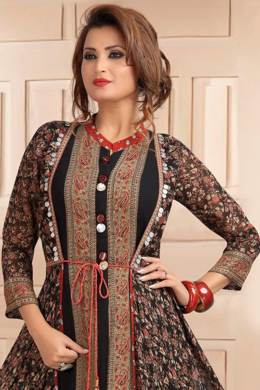 Black with Floral Print Overcoat Anarkali Styled Long Kurti