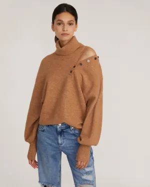 Blake Button Cashmere Blend Turtleneck Sweater in Camel