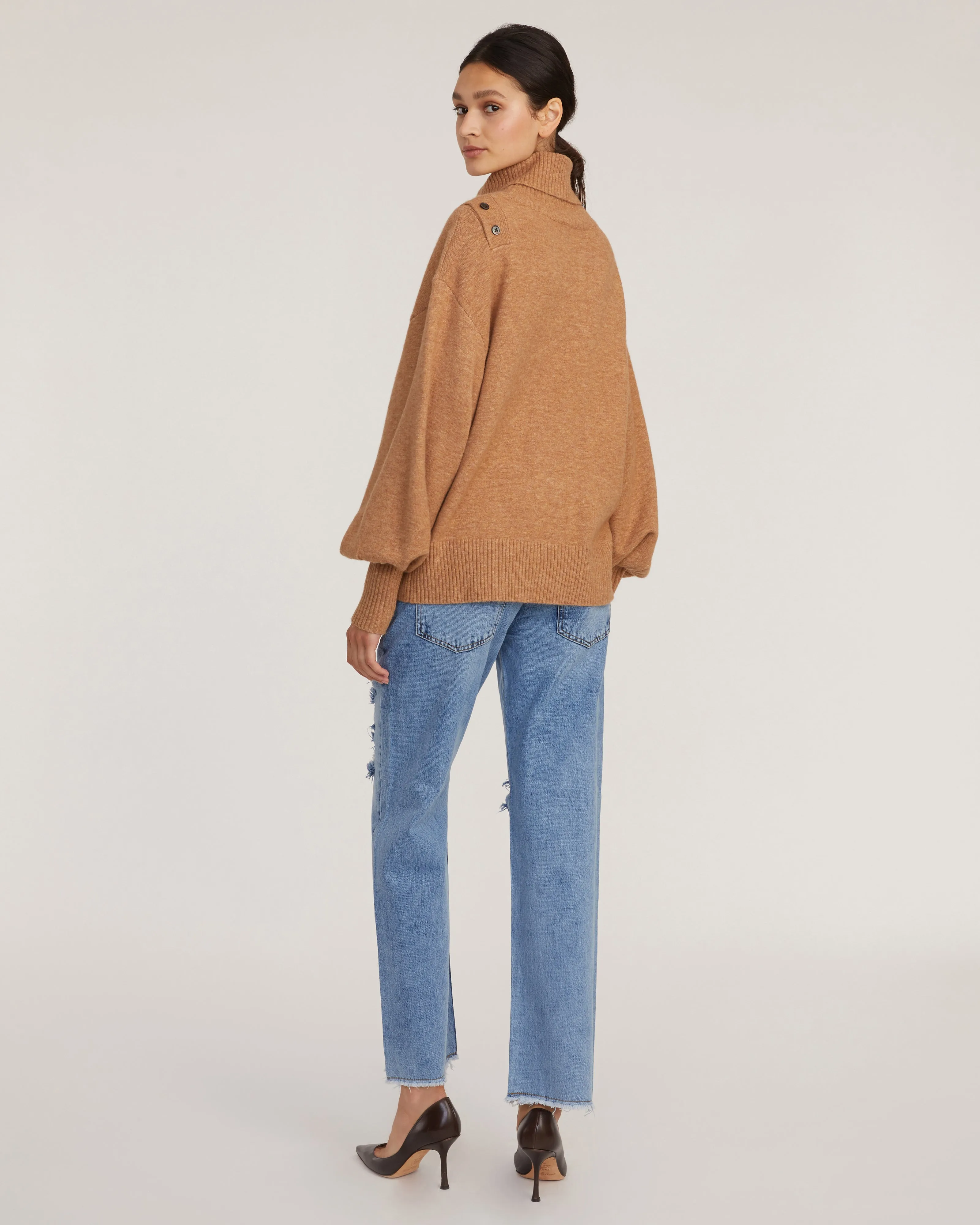 Blake Button Cashmere Blend Turtleneck Sweater in Camel