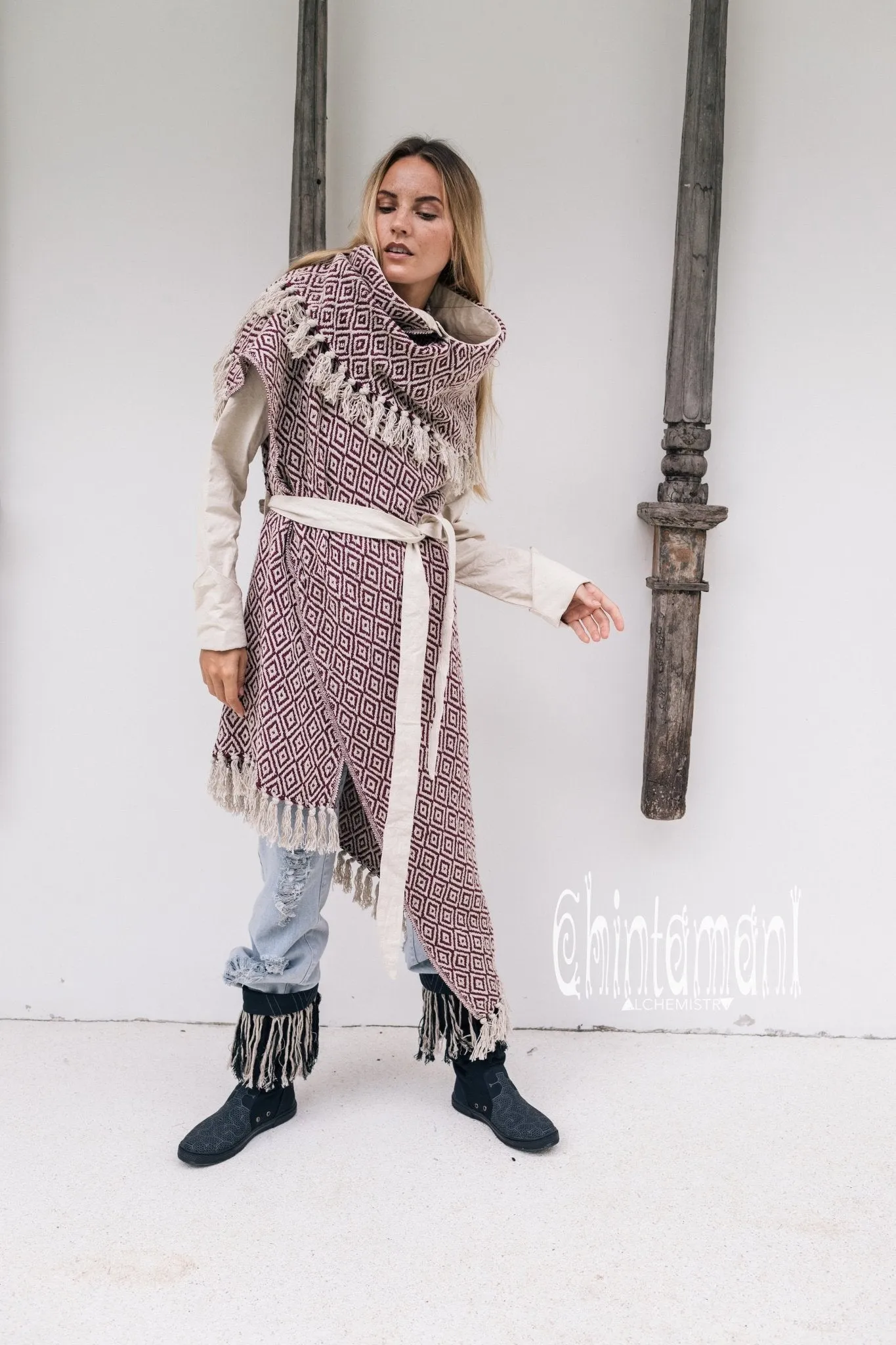 Blanket Coat for Women ∆ One Size Boho Cardigan Duster / Red & White