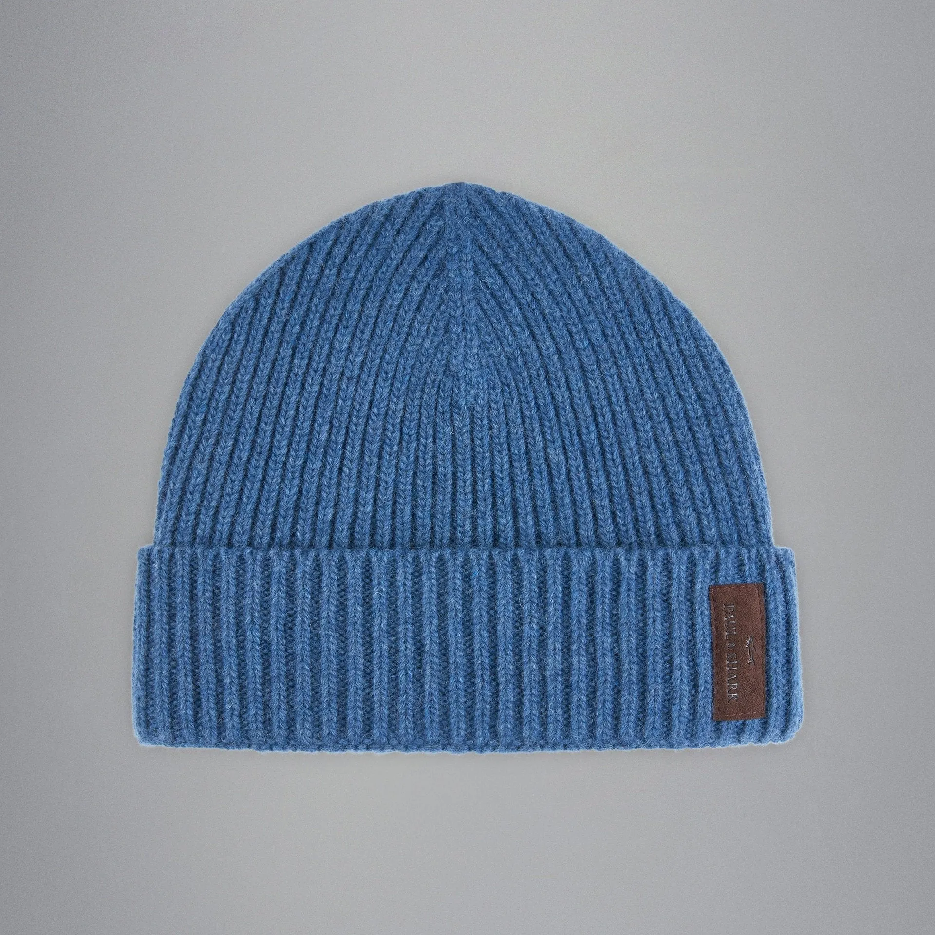 Blue Ribbed Knit Re-Wool Beanie with Sueded Leather Badge - Paul & Shark