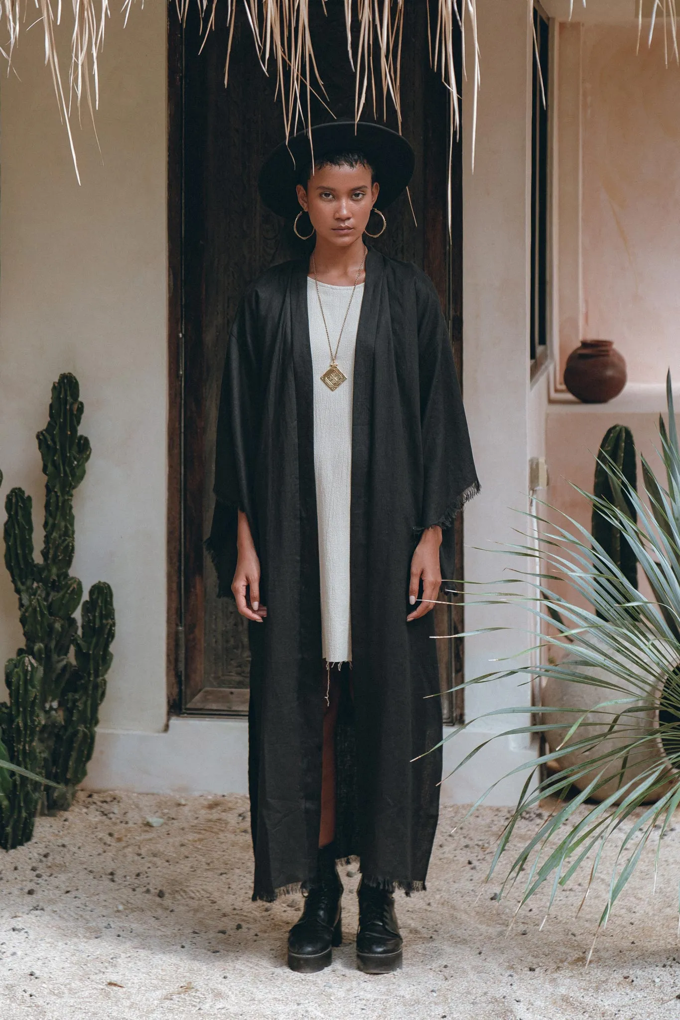 Boho Cover Up • Wide Sleeve Bohemian Cardigan • Black Linen Kimono Robe