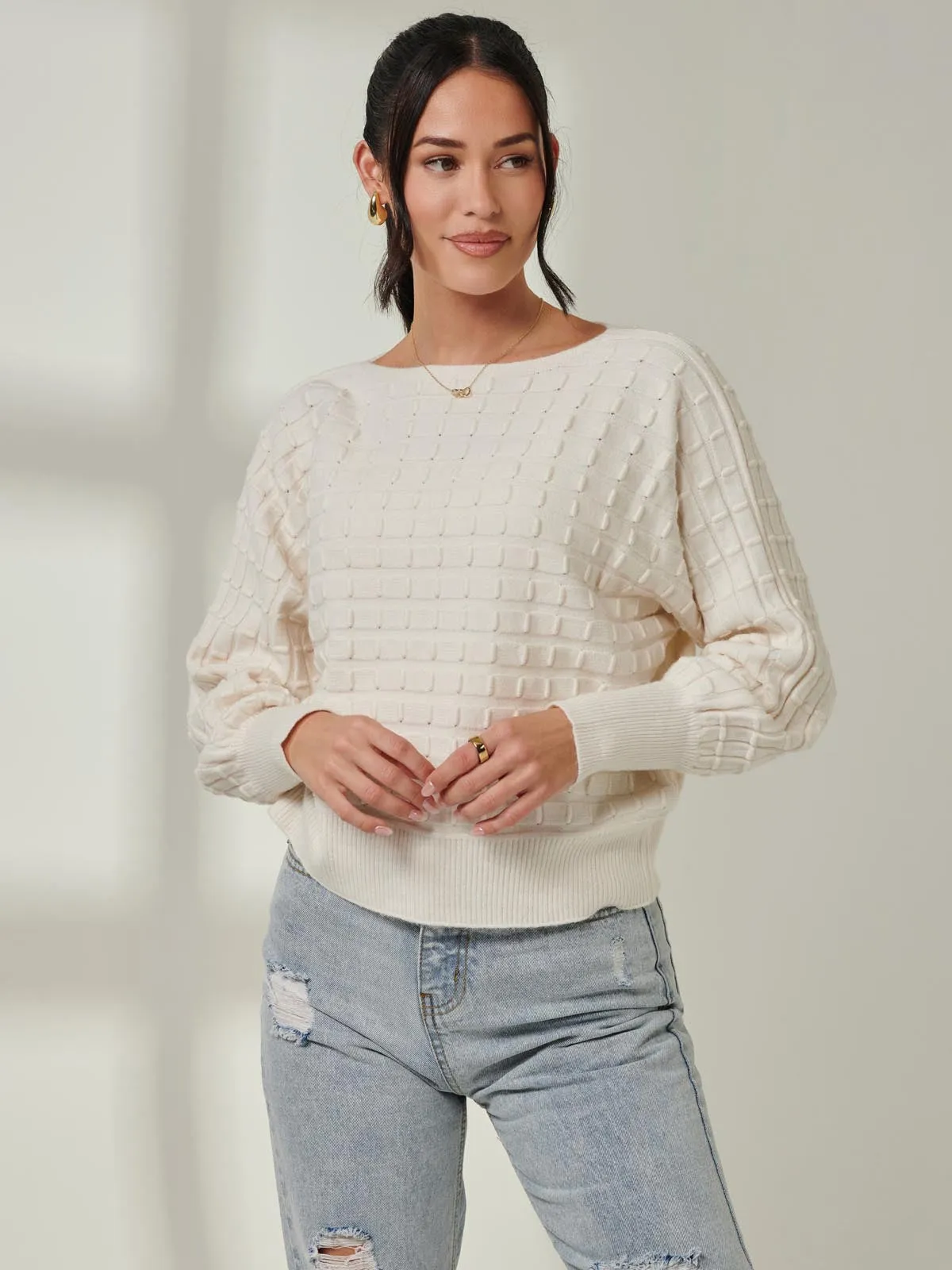 Bubble Stitch Batwing Knit Jumper, Oatmeal