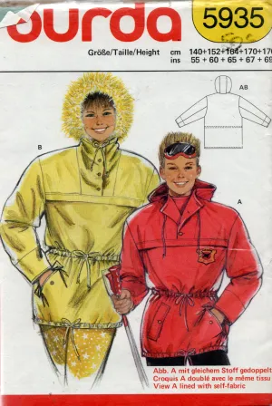 Burda 5935 Boys/Girls Lined Anorak Parka 1980s Vintage Sewing Pattern Sizes 10 - 16 UNCUT Factory Folded