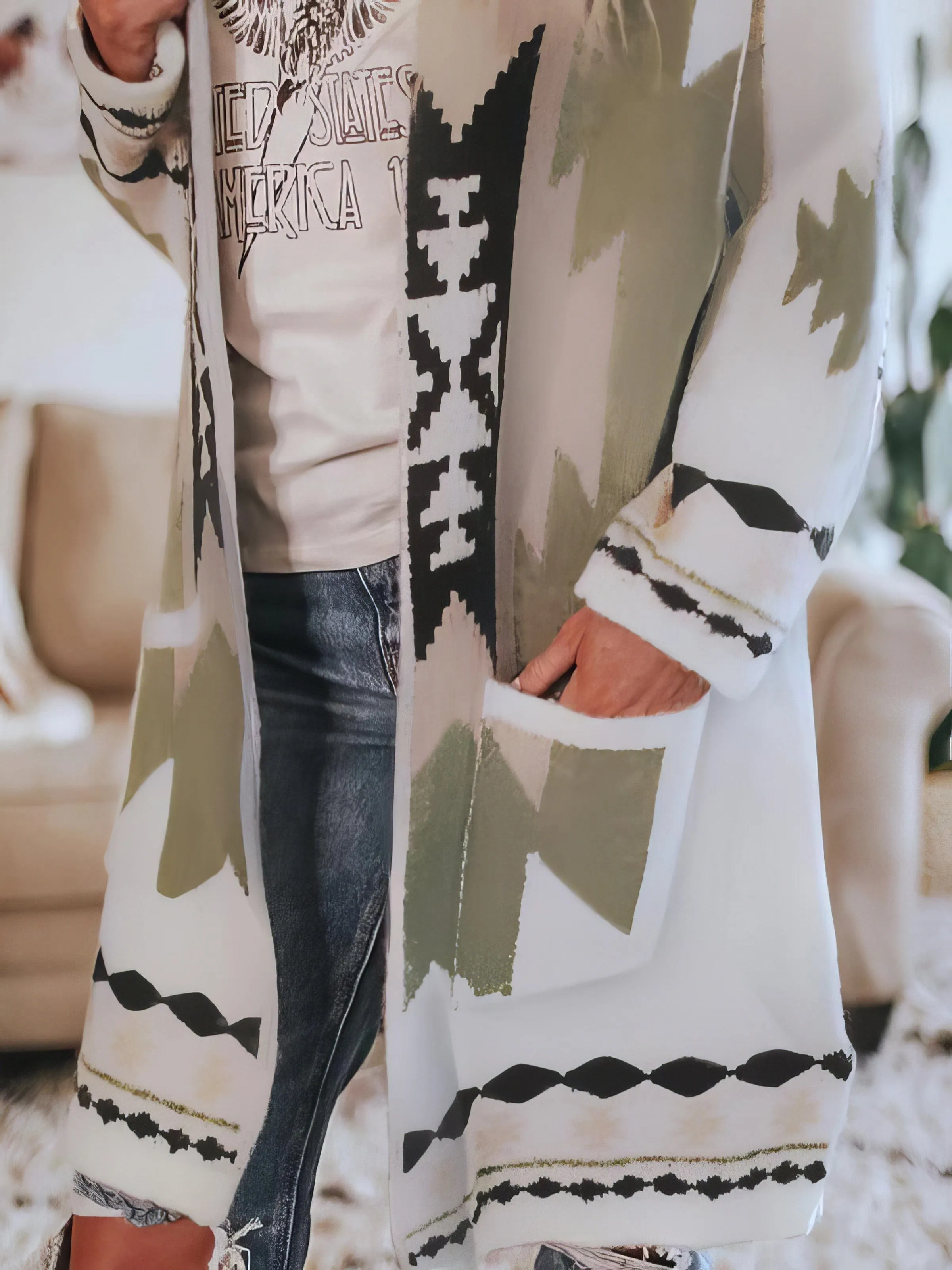 Casual Long Sleeve Knitted Cardigan with Tribal Print