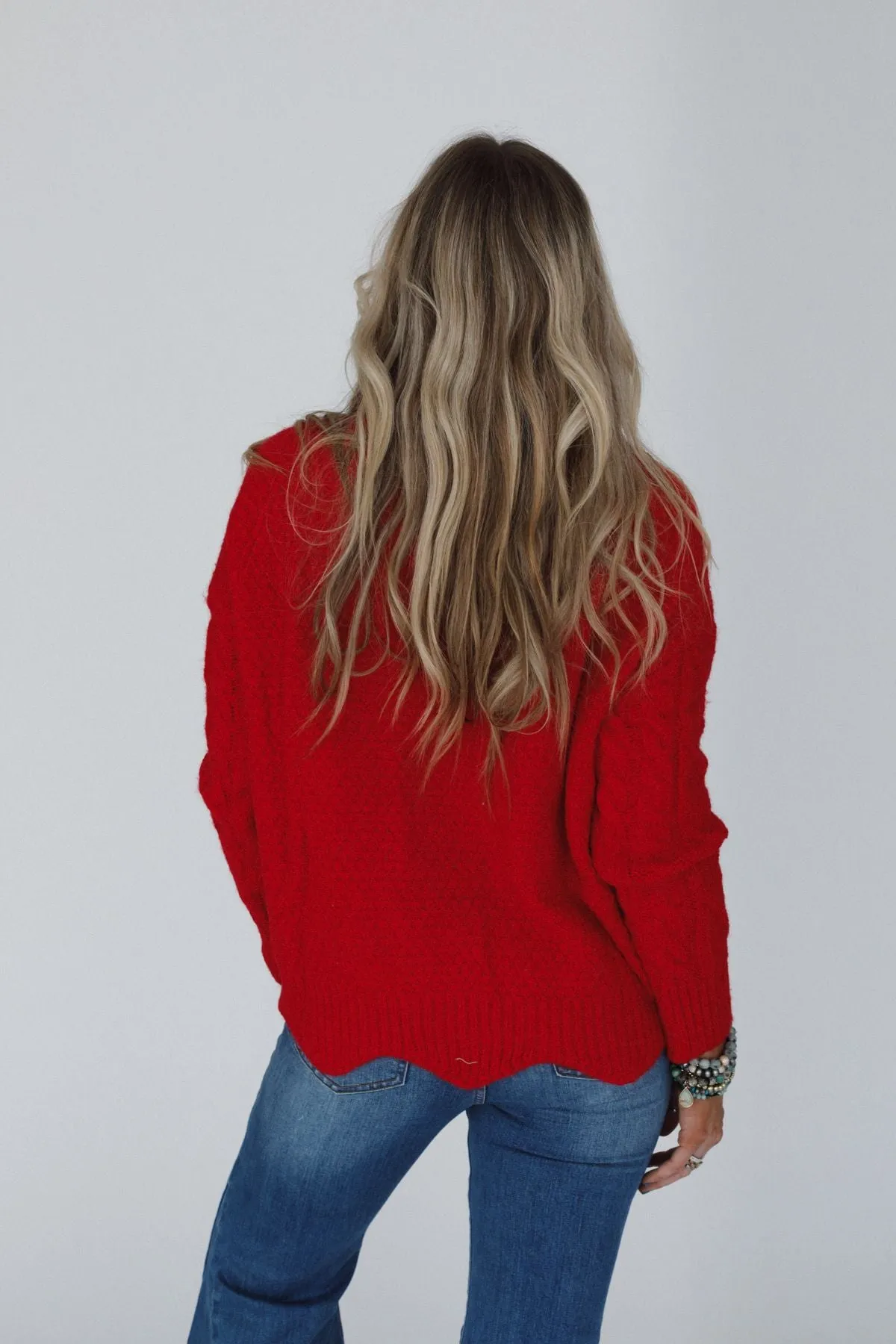 Coffee Chats Scallop Hem Sweater - Ruby