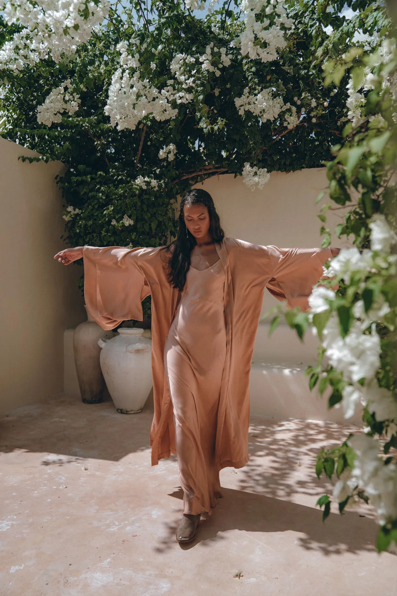 Dusty Pink Silk Robe • Bohemian Kaftan Cardigan • Long Cape for Women