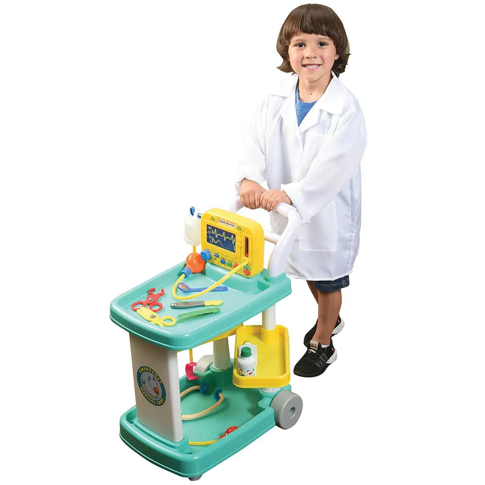 Emergency Medical Play Cart with 11 Accessories and Swiveling Storage Shelves