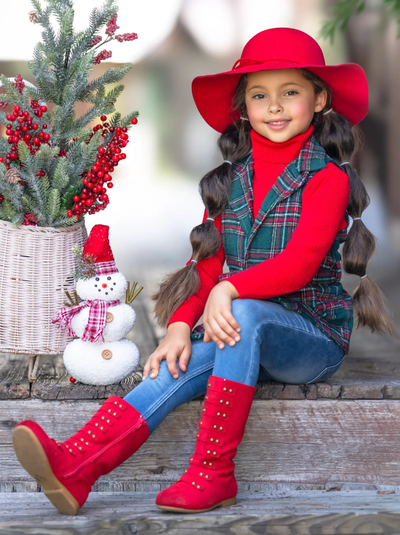 Festive Flair Plaid Belted Vest and Red Turtleneck Top Set