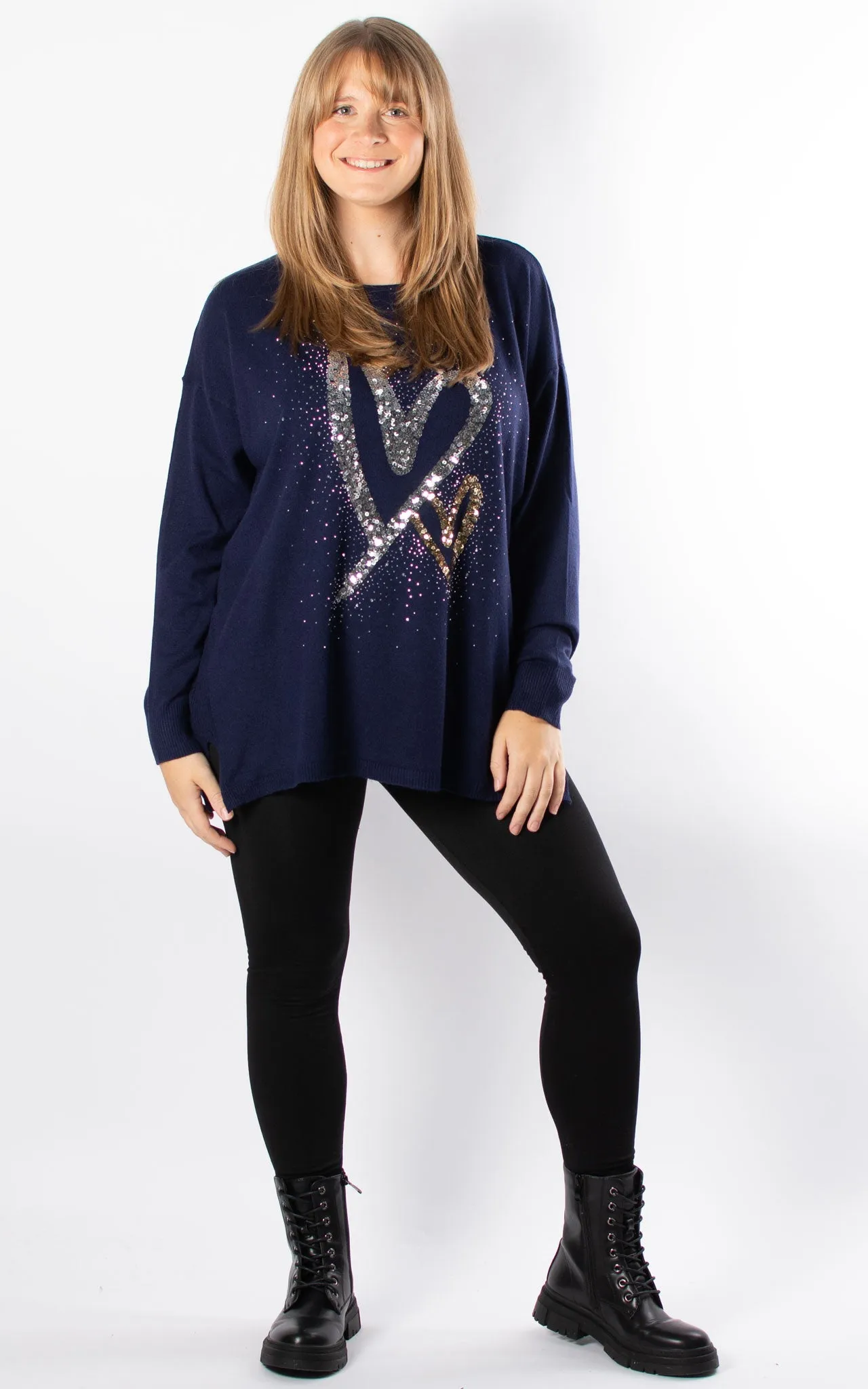 Gold & Silver Sequin Hearts Knit | Navy