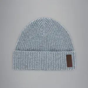 Gray Ribbed Knit Re-Wool Beanie with Sueded Leather Badge - Paul & Shark