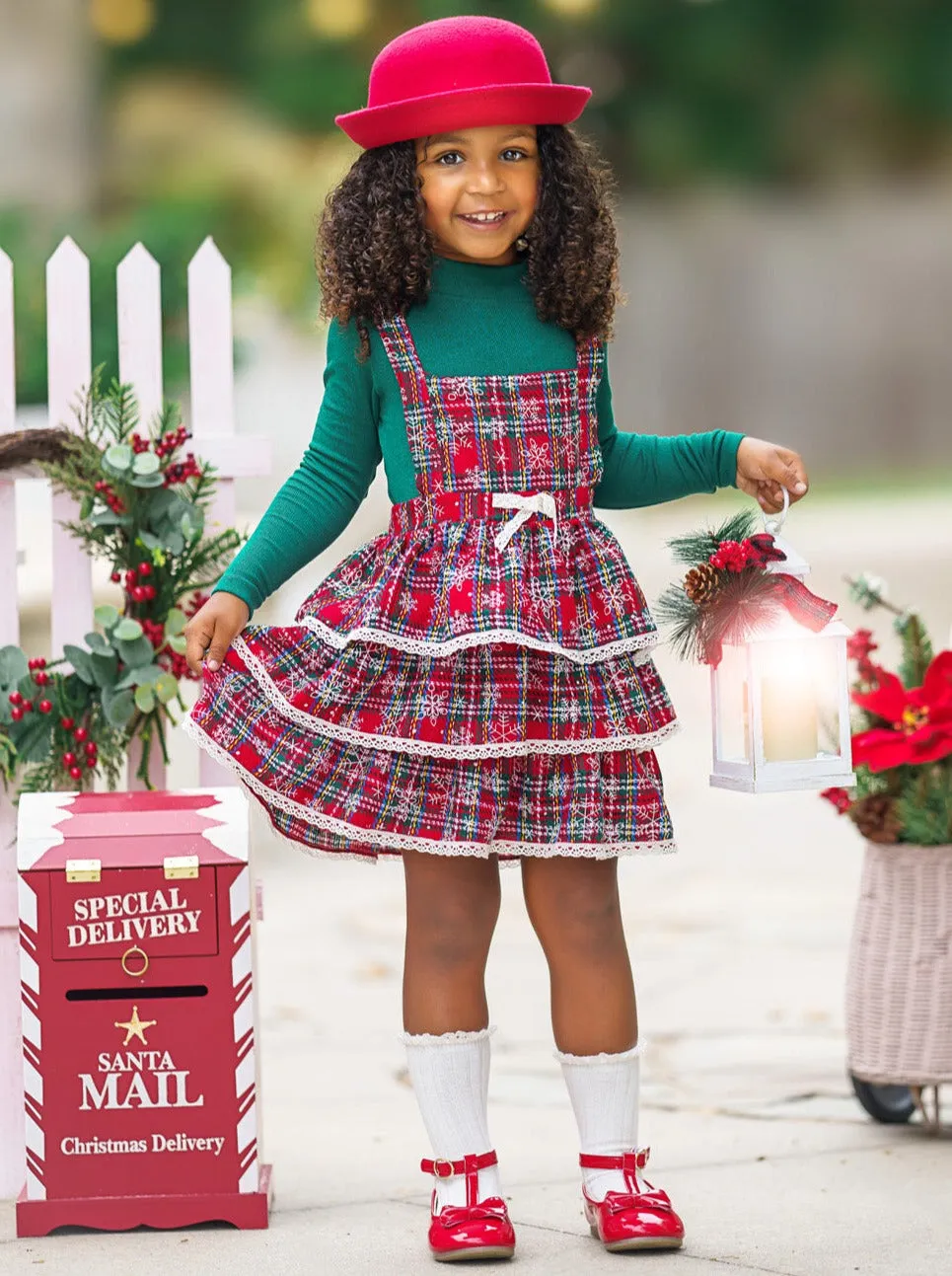 Jingle Belle Chic Turtleneck Top and Plaid Overall Dress