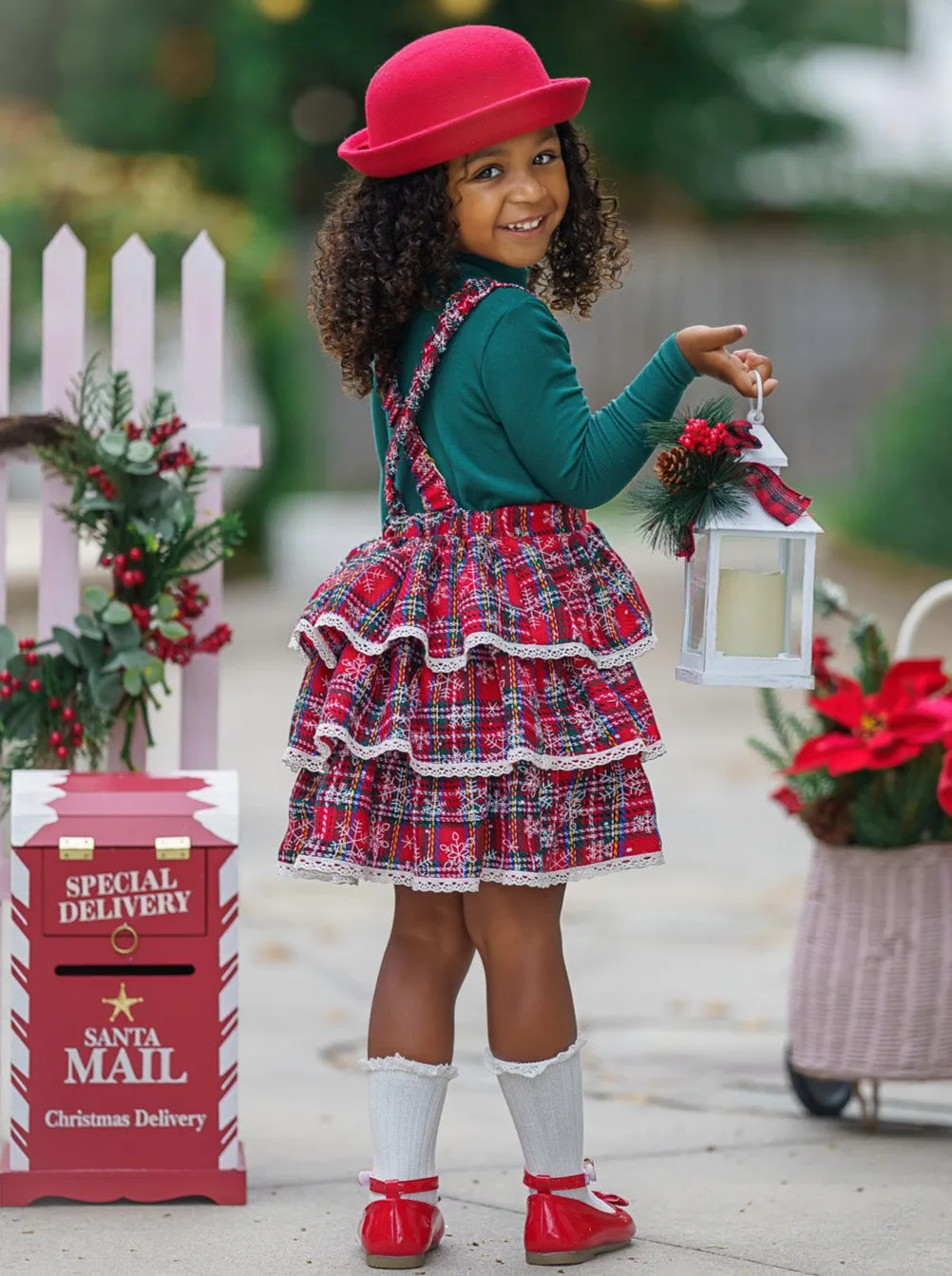 Jingle Belle Chic Turtleneck Top and Plaid Overall Dress