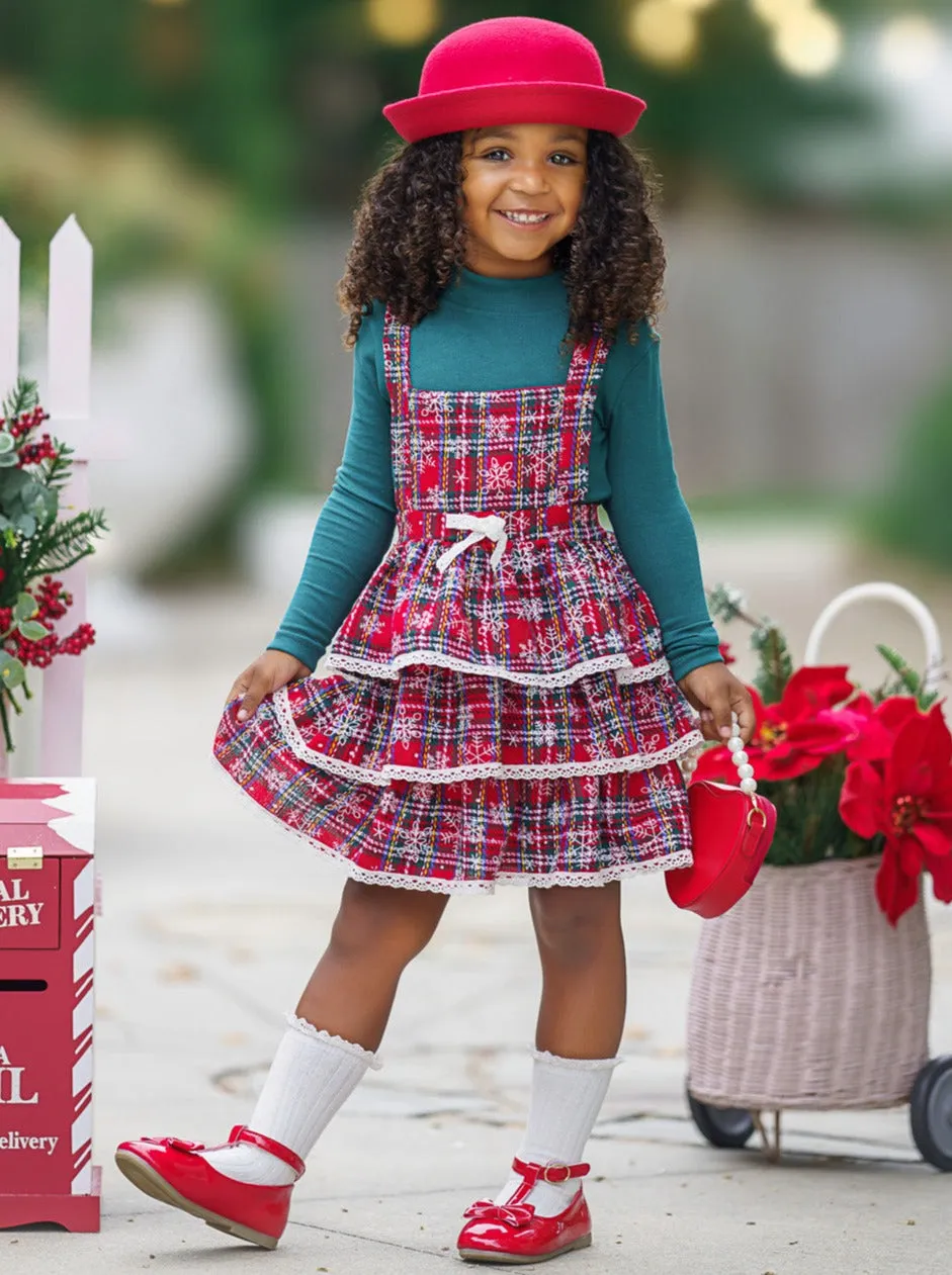 Jingle Belle Chic Turtleneck Top and Plaid Overall Dress