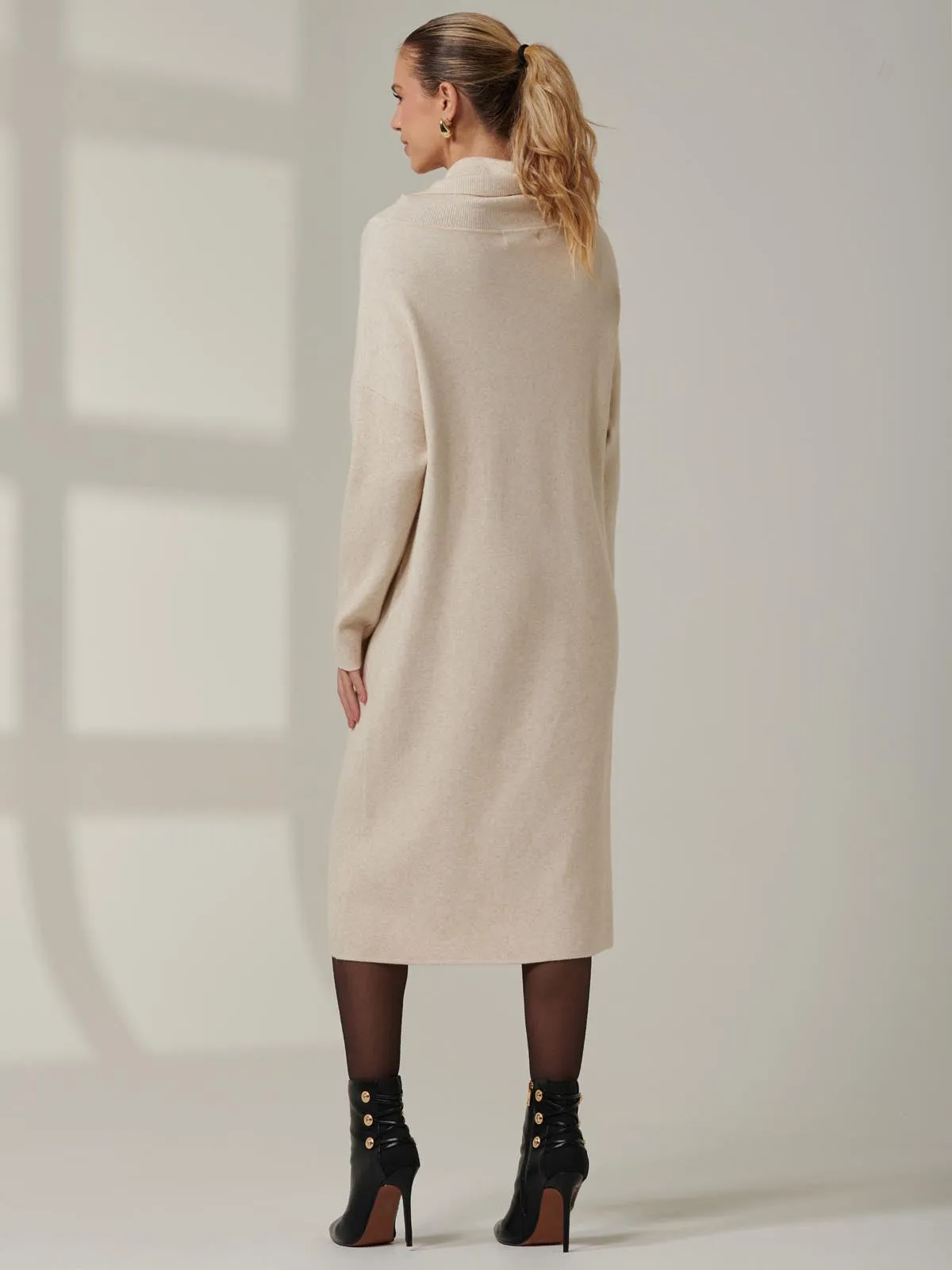 Knitted Turtleneck Longline Jumper, Beige Heather