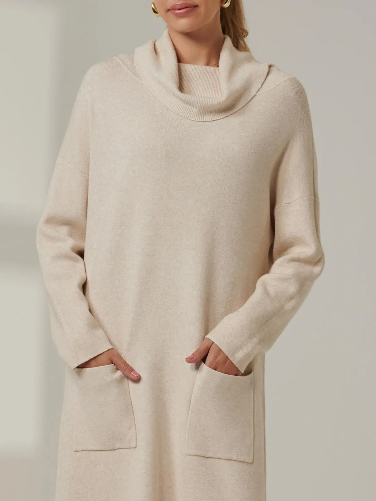 Knitted Turtleneck Longline Jumper, Beige Heather