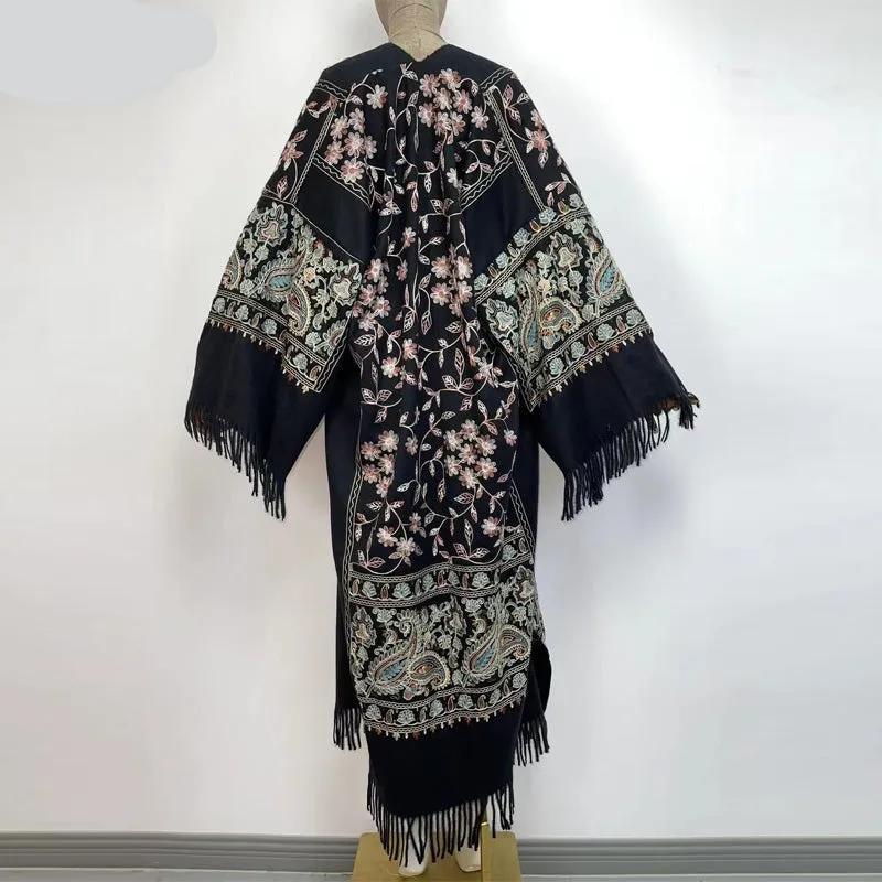 Long Winter Fringed Embroidered Pashmina Overcoat Kimono 13 Colours