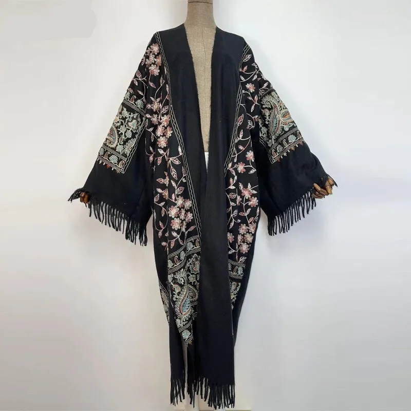 Long Winter Fringed Embroidered Pashmina Overcoat Kimono 13 Colours