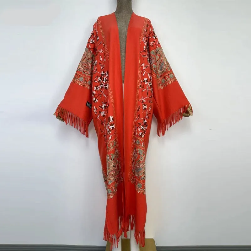 Long Winter Fringed Embroidered Pashmina Overcoat Kimono 13 Colours