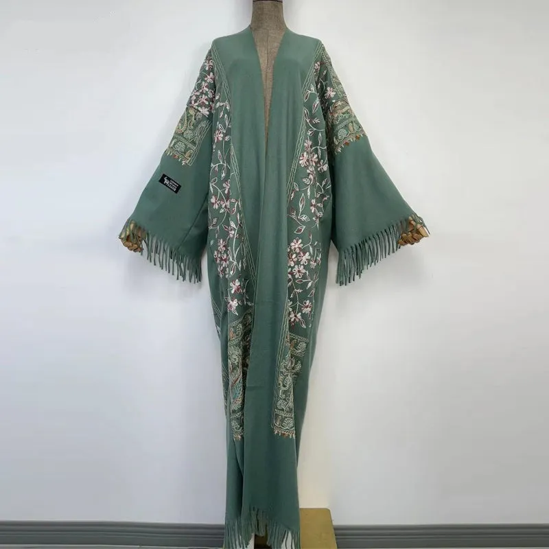 Long Winter Fringed Embroidered Pashmina Overcoat Kimono 13 Colours