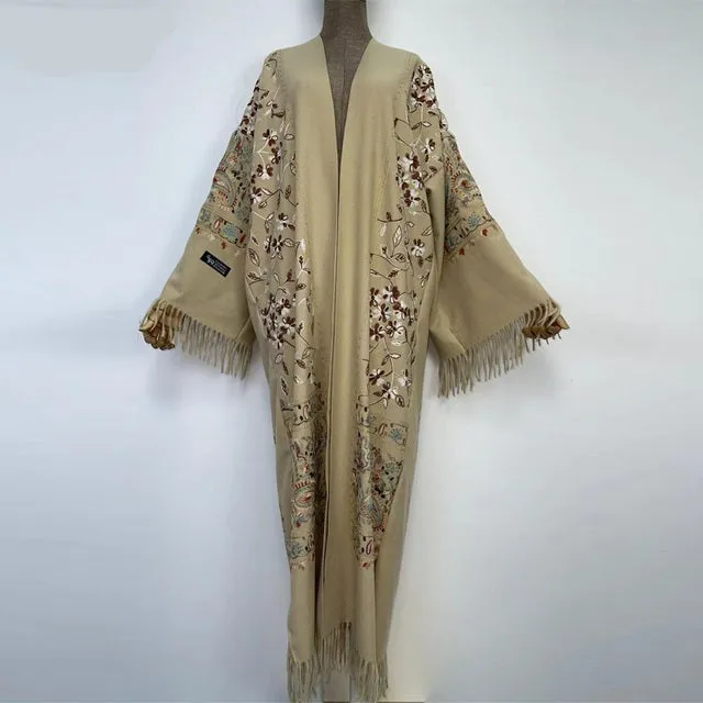 Long Winter Fringed Embroidered Pashmina Overcoat Kimono 13 Colours