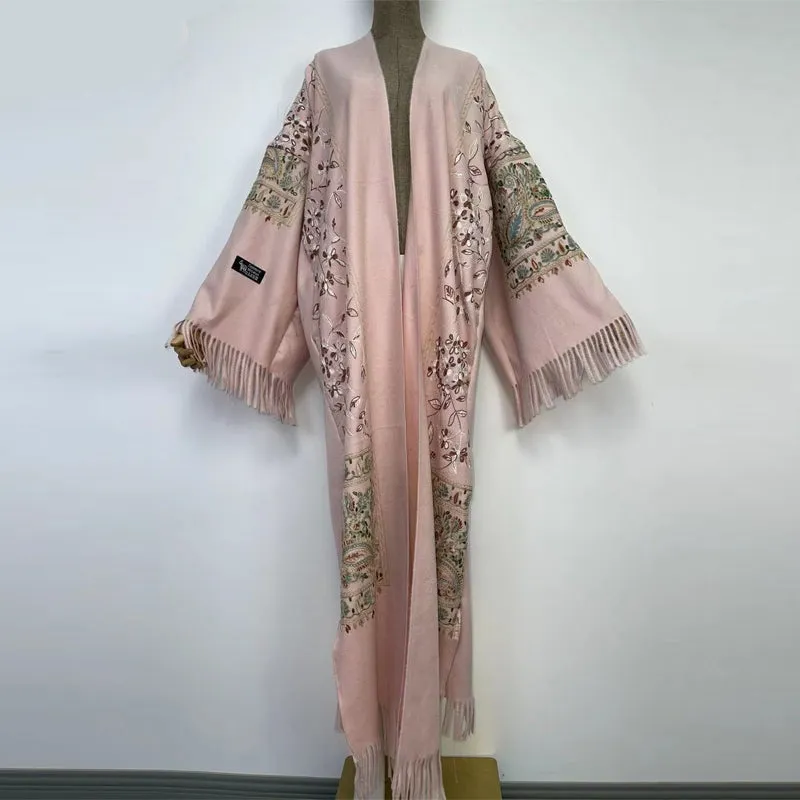 Long Winter Fringed Embroidered Pashmina Overcoat Kimono 13 Colours