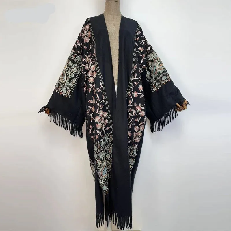 Long Winter Fringed Embroidered Pashmina Overcoat Kimono 13 Colours