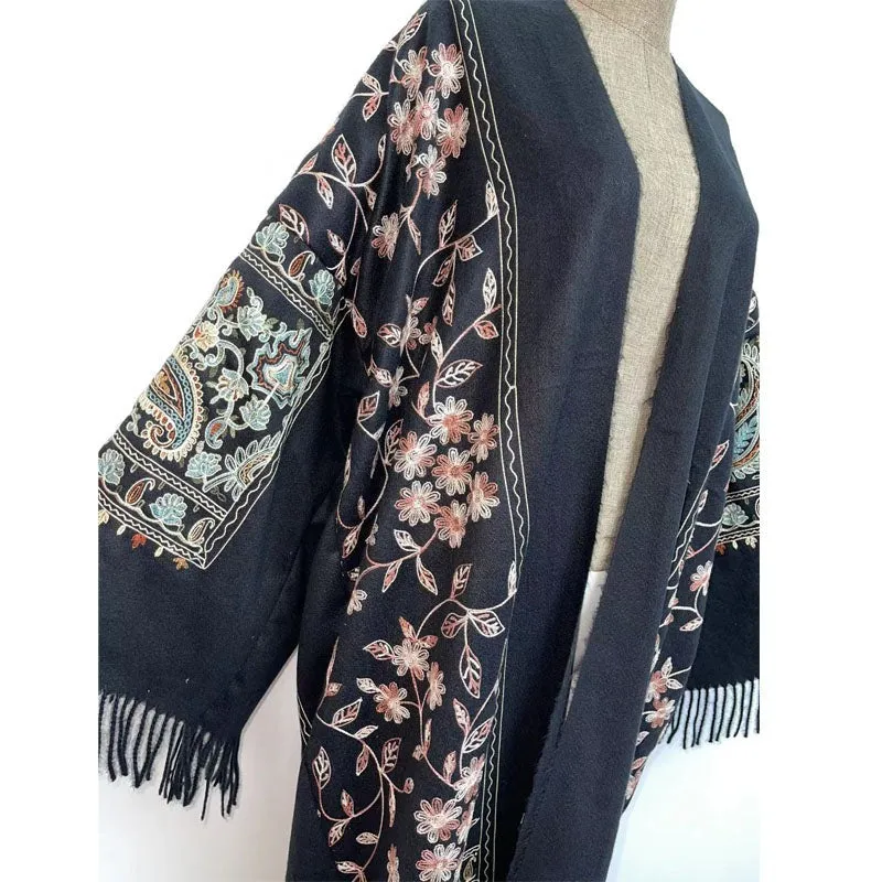 Long Winter Fringed Embroidered Pashmina Overcoat Kimono 13 Colours