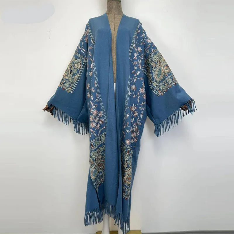 Long Winter Fringed Embroidered Pashmina Overcoat Kimono 13 Colours