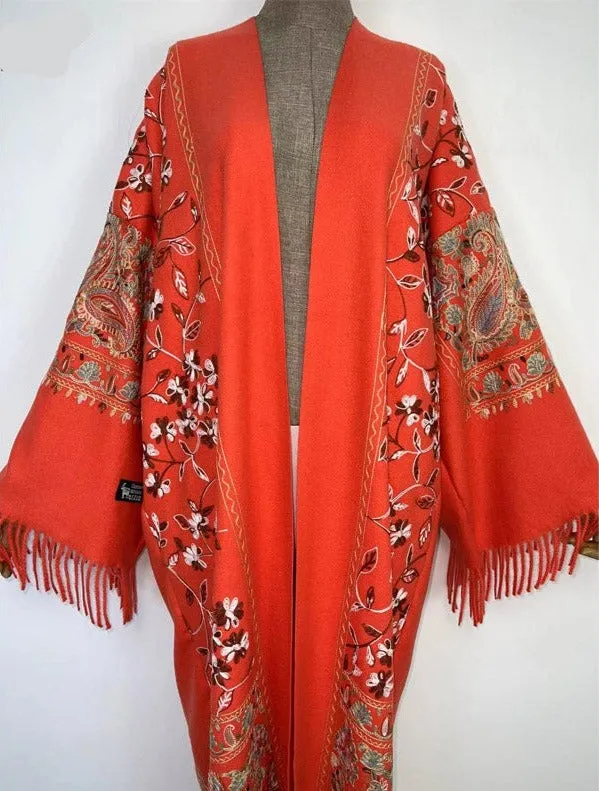 Long Winter Fringed Embroidered Pashmina Overcoat Kimono 13 Colours