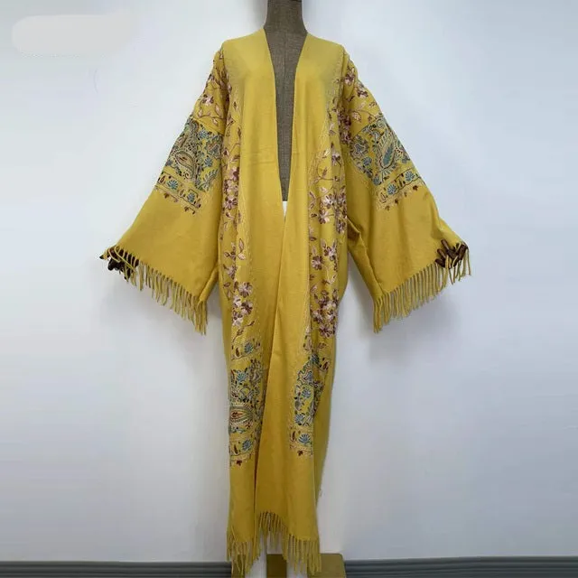 Long Winter Fringed Embroidered Pashmina Overcoat Kimono 13 Colours