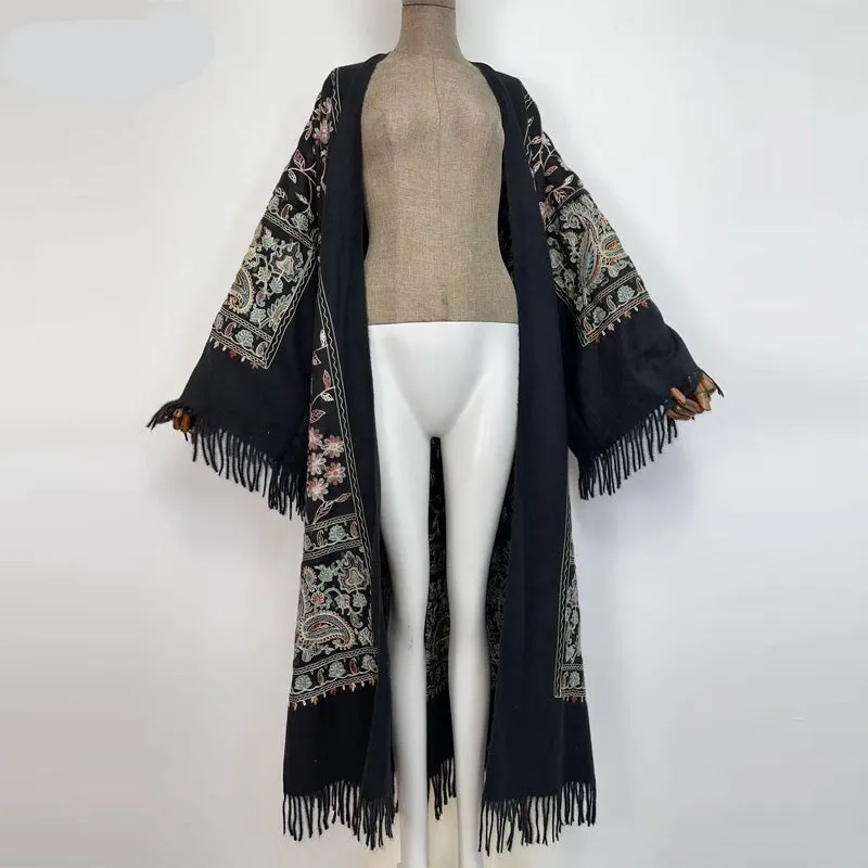 Long Winter Fringed Embroidered Pashmina Overcoat Kimono 13 Colours