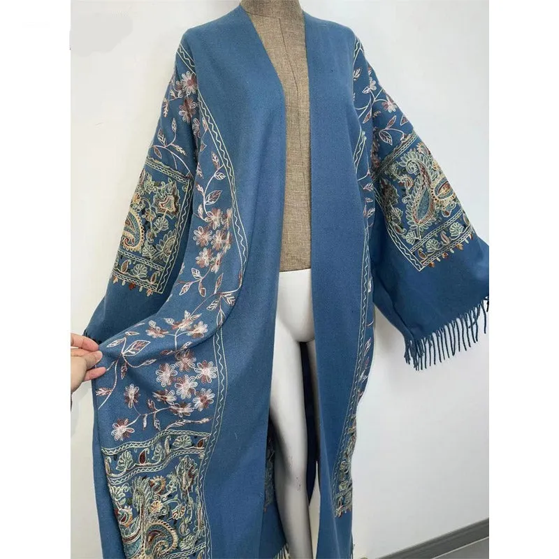 Long Winter Fringed Embroidered Pashmina Overcoat Kimono 13 Colours