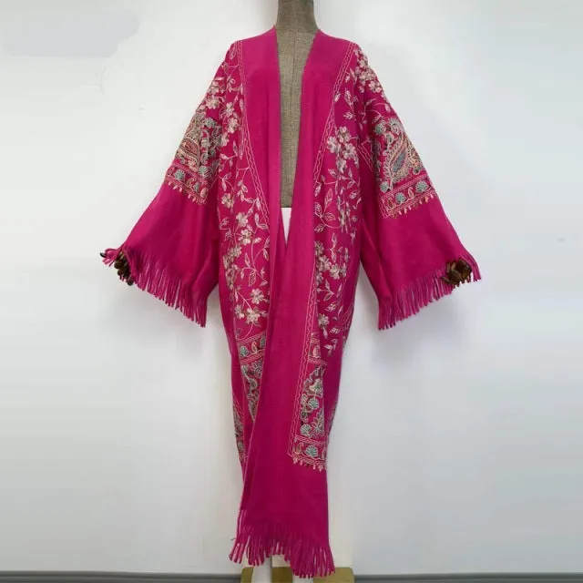 Long Winter Fringed Embroidered Pashmina Overcoat Kimono 13 Colours