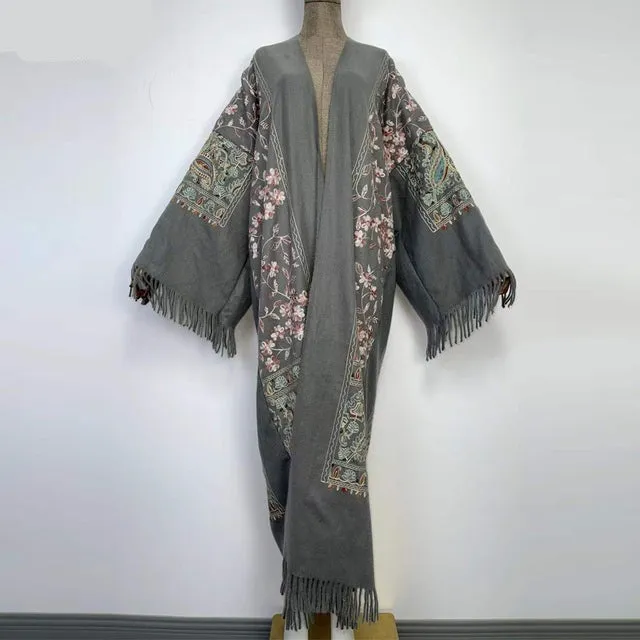 Long Winter Fringed Embroidered Pashmina Overcoat Kimono 13 Colours