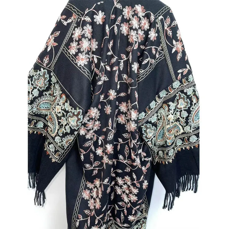 Long Winter Fringed Embroidered Pashmina Overcoat Kimono 13 Colours