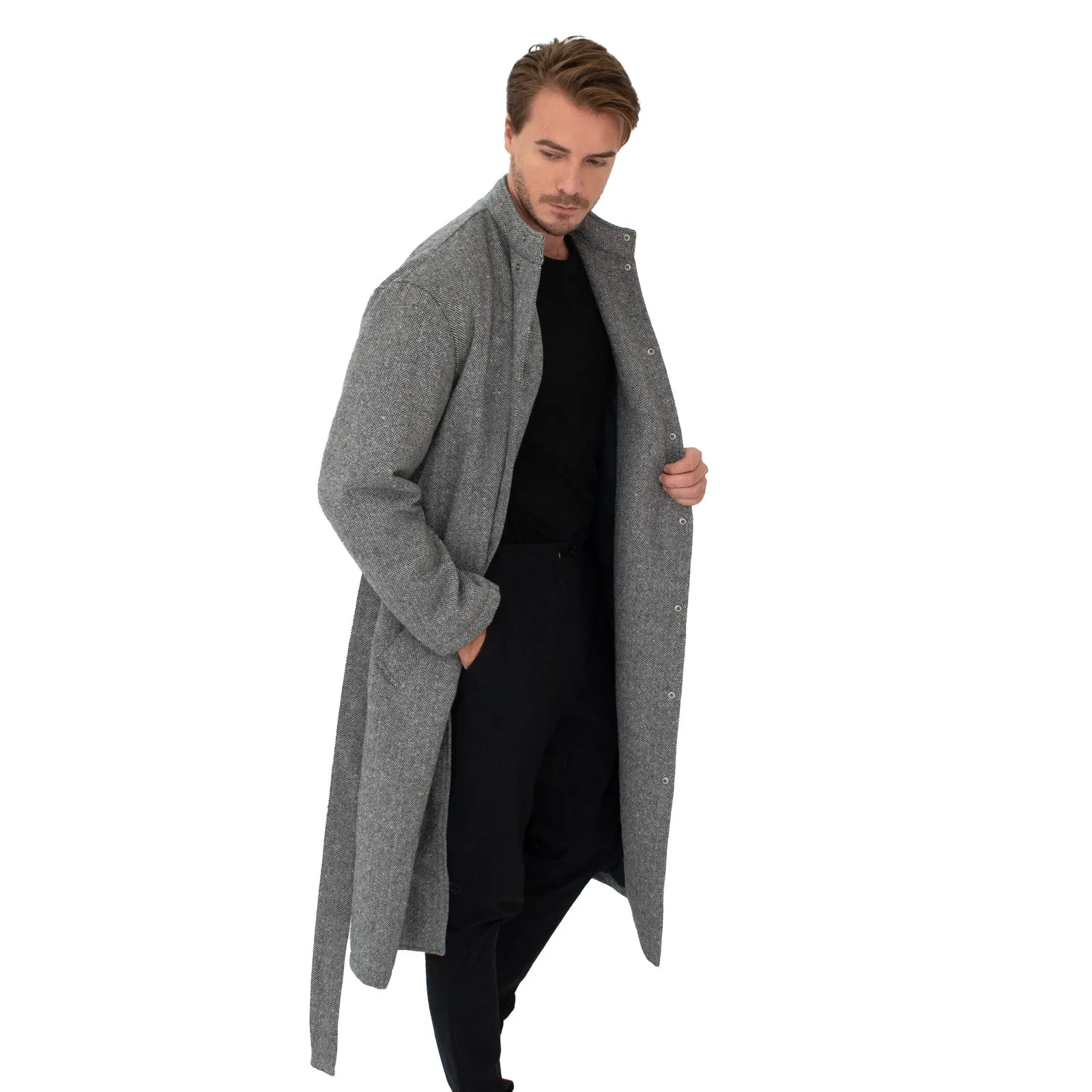 Men's Kinono Long Coat Wool Herringbone Filled with padding 48L - Tokyo Collection Made in Japan