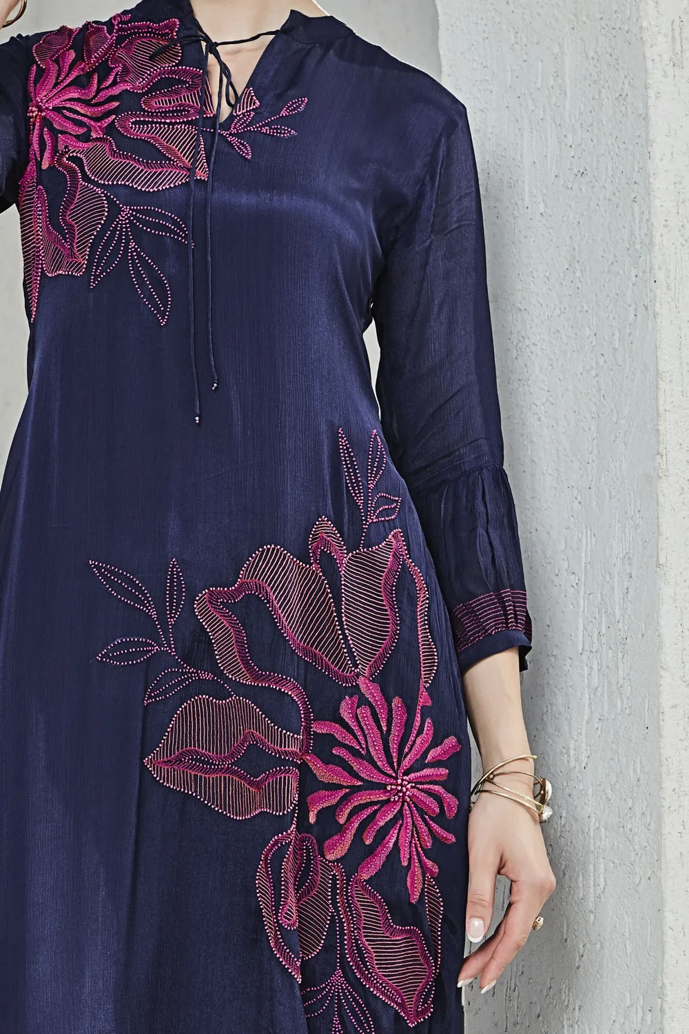 Navy Blue Thread and Beads work Anarkali Styled Long Kurti