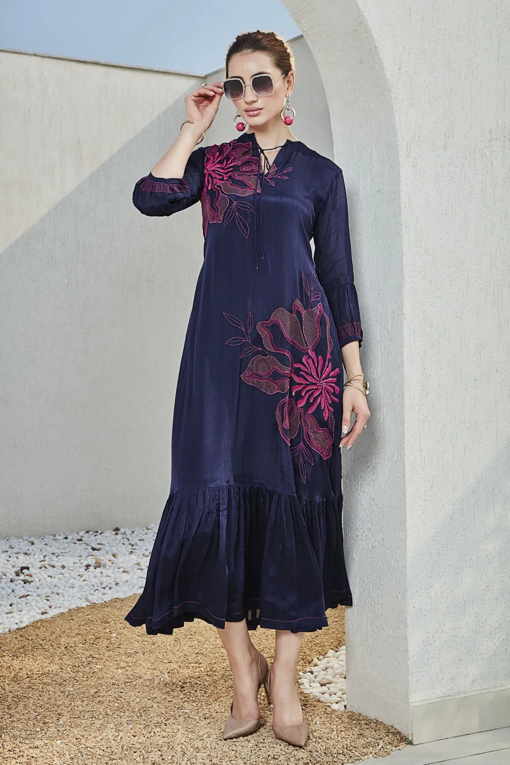 Navy Blue Thread and Beads work Anarkali Styled Long Kurti