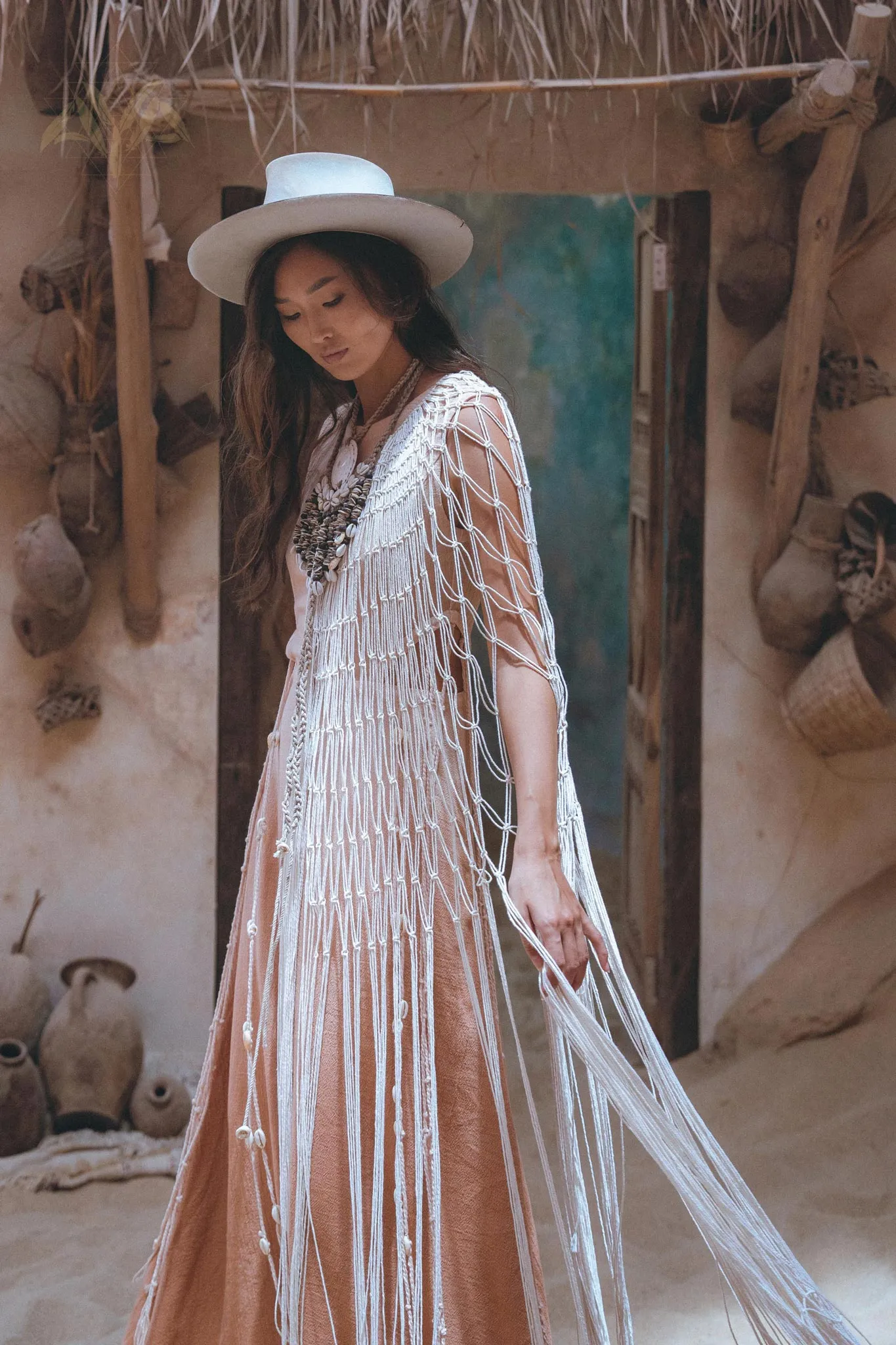 Off-White Summer Net Cover Up • See Through Poncho Cape • Long Robe for Women