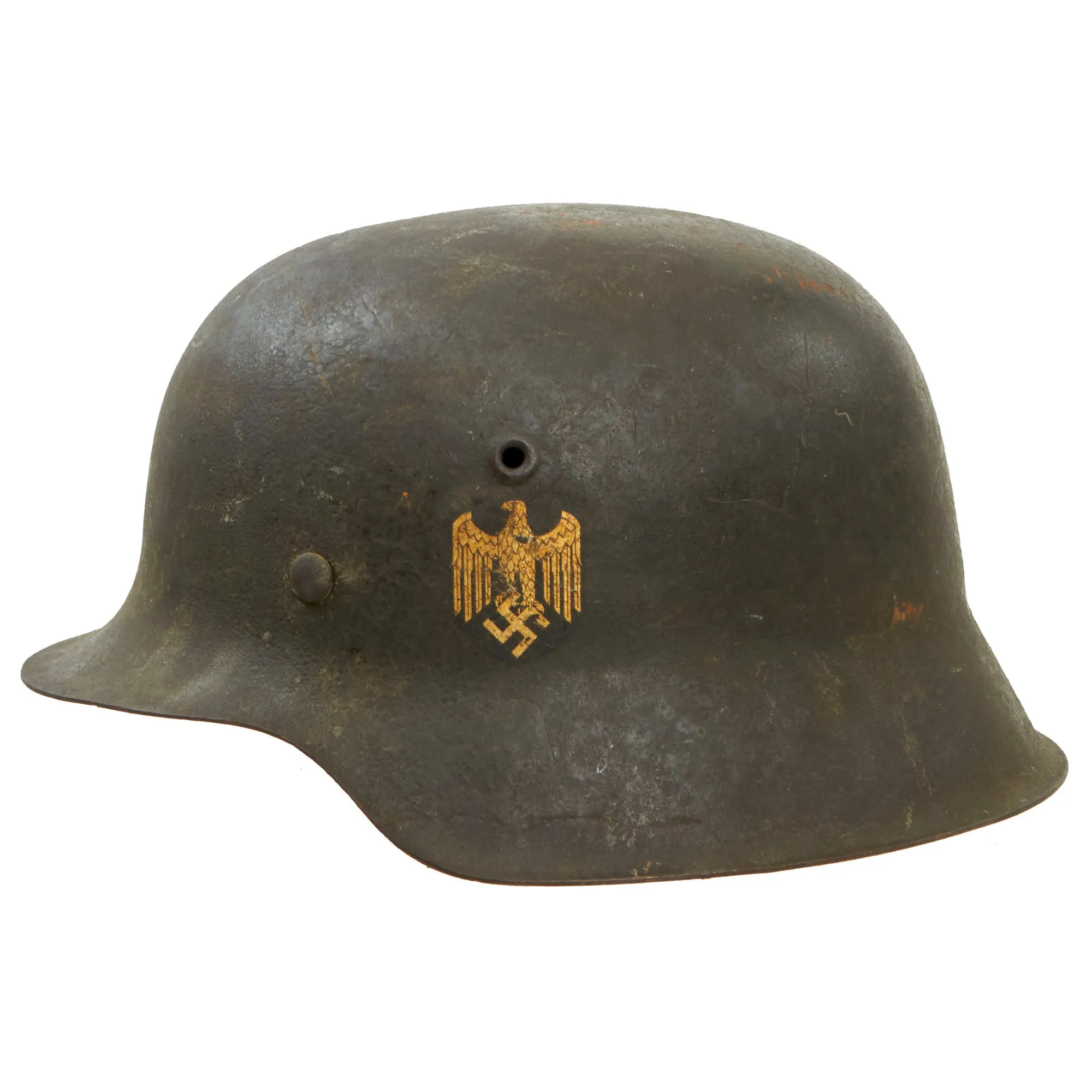 Original Rare German WWII Kriegsmarine Navy Single Decal M42 Helmet with Textured Paint, 58cm Liner & Broken Chinstrap - ET66