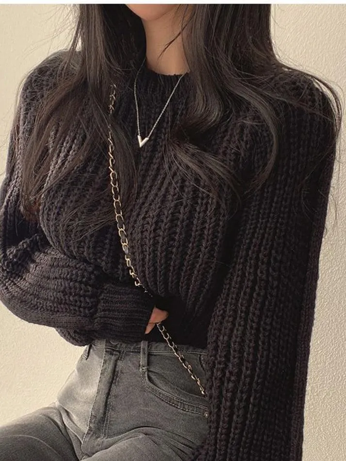 Puff Sleeve Plain Crop Sweater