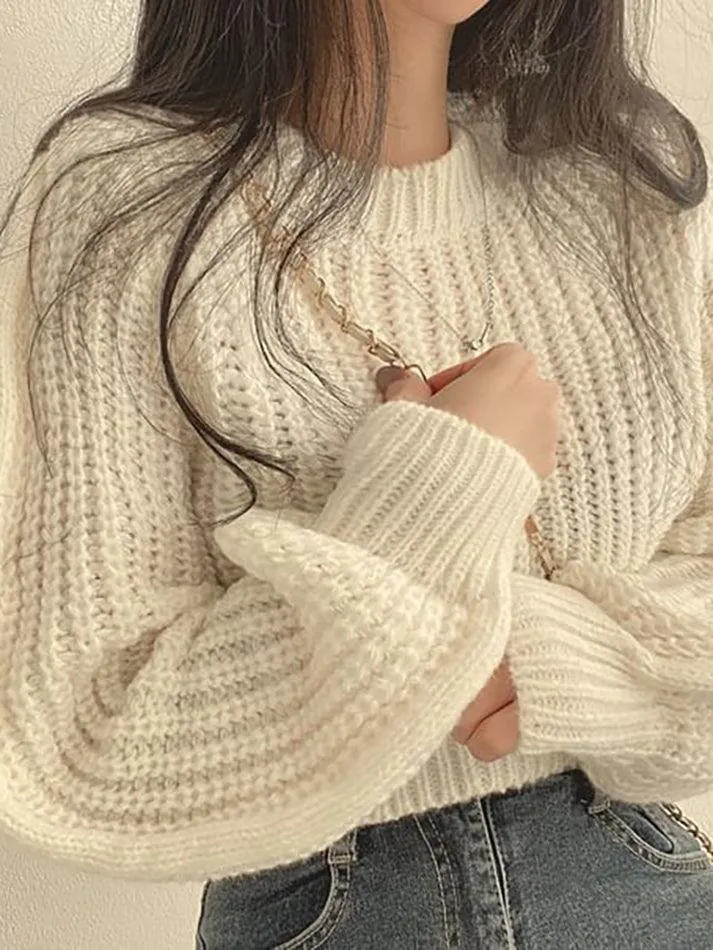 Puff Sleeve Plain Crop Sweater