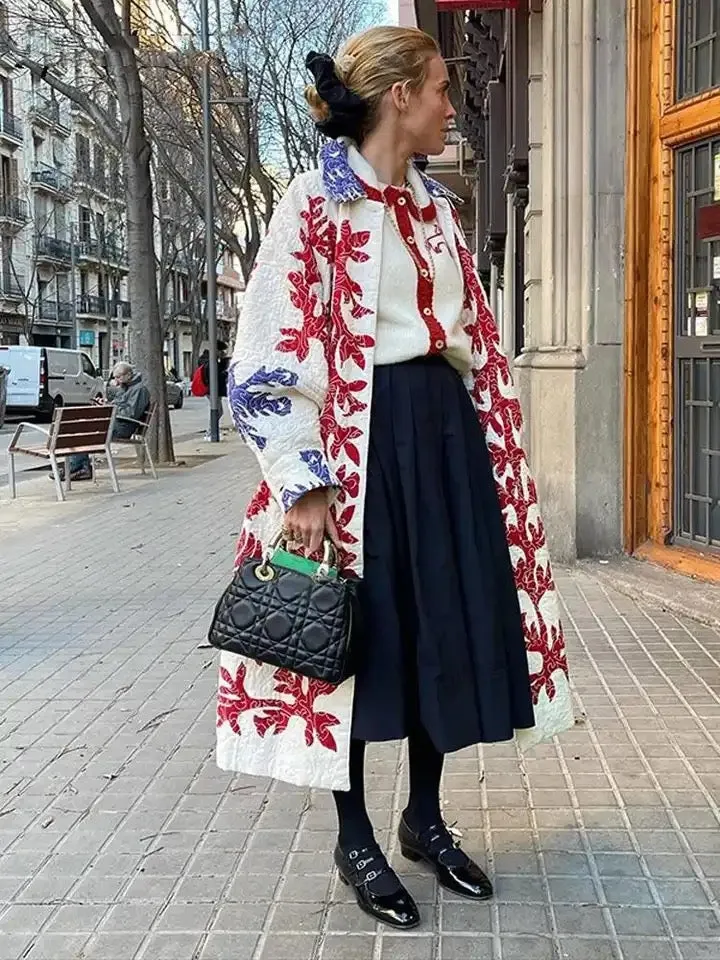 Quilted Contrast loose OverCoat Autumn Winter Runway Duster Long Printed Jacket Coat