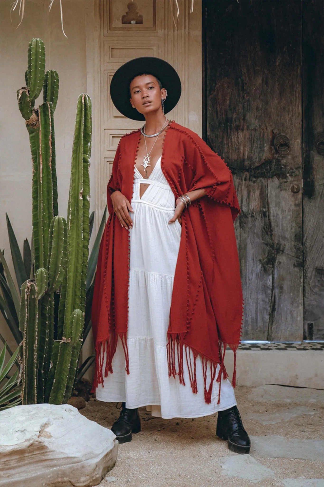 Red Poncho Robe • Boho Cape for Women • Bohemian Kimono Overcoat