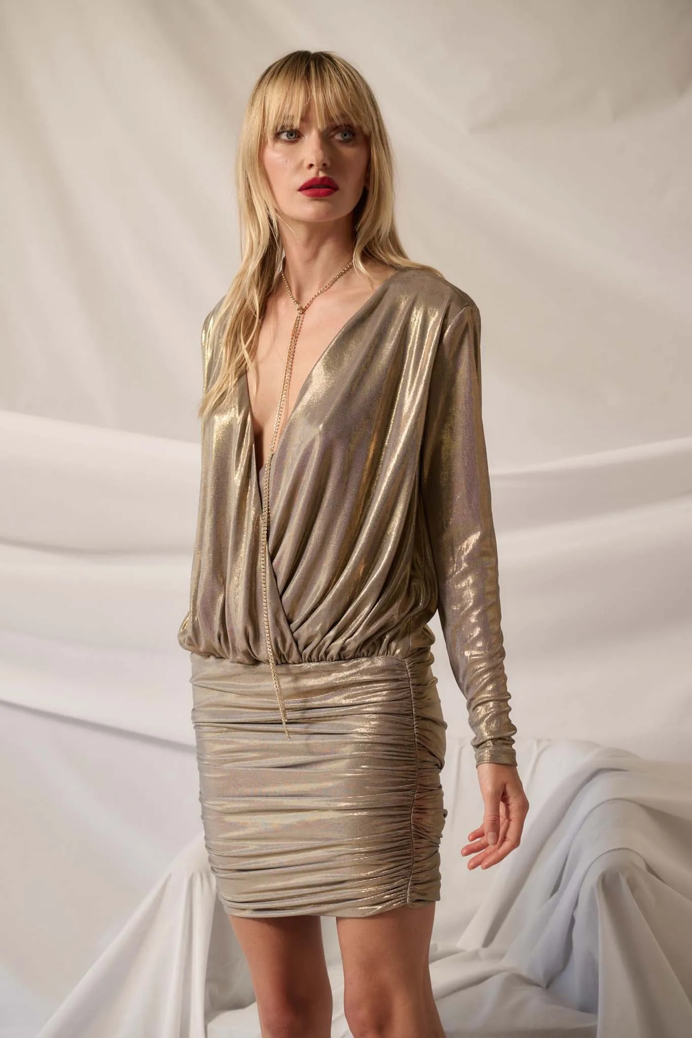 Showstopper Draped Metallic Deep V-Neck Mini Dress